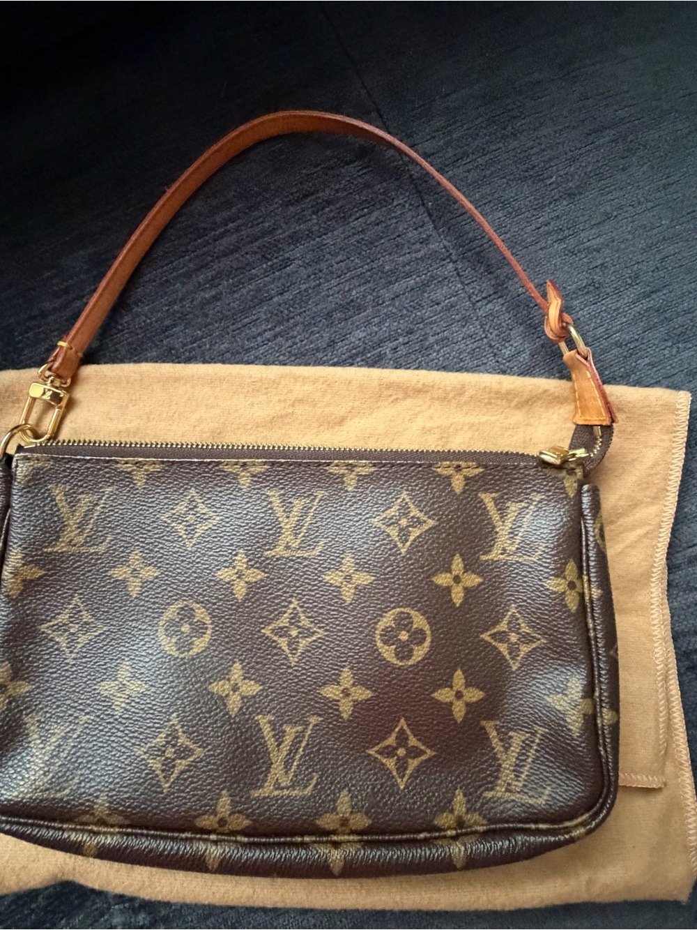 Authentic Louis Vuitton Monogram Mini Pochette in Brown and Tan Leather